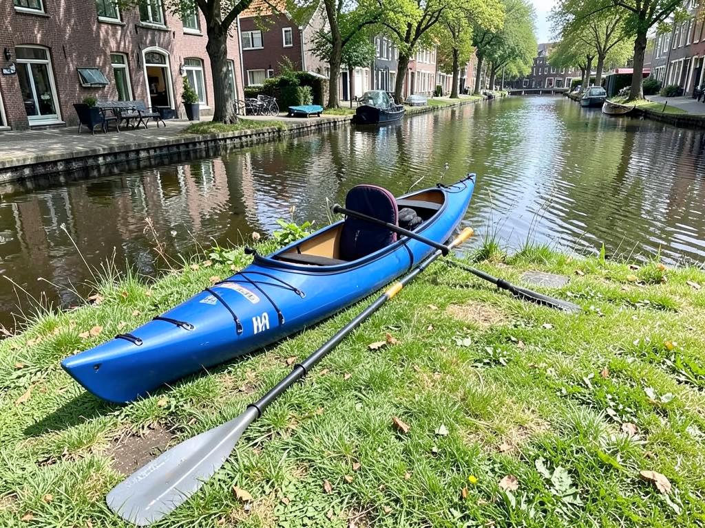 Kano en kajak met peddels op de oever