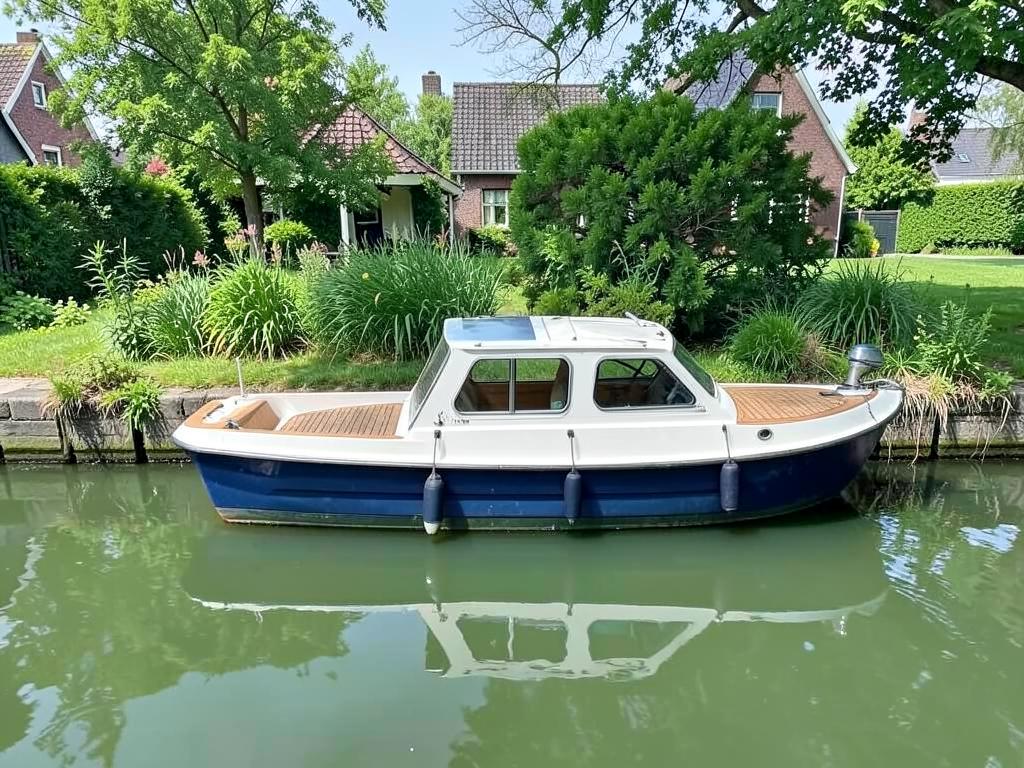 Kleine fluisterboot aan de kant van een gracht