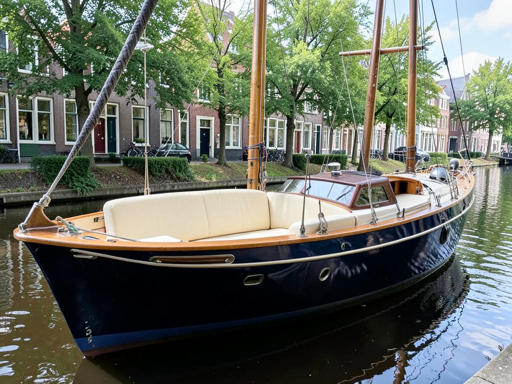Luxe sloep met zachte kussens aan de kade