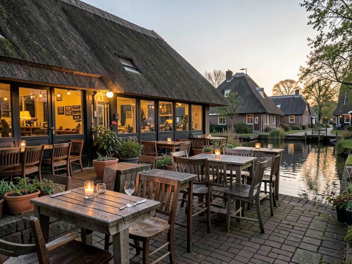 Terras met houten tafels aan het water in de avondschemering